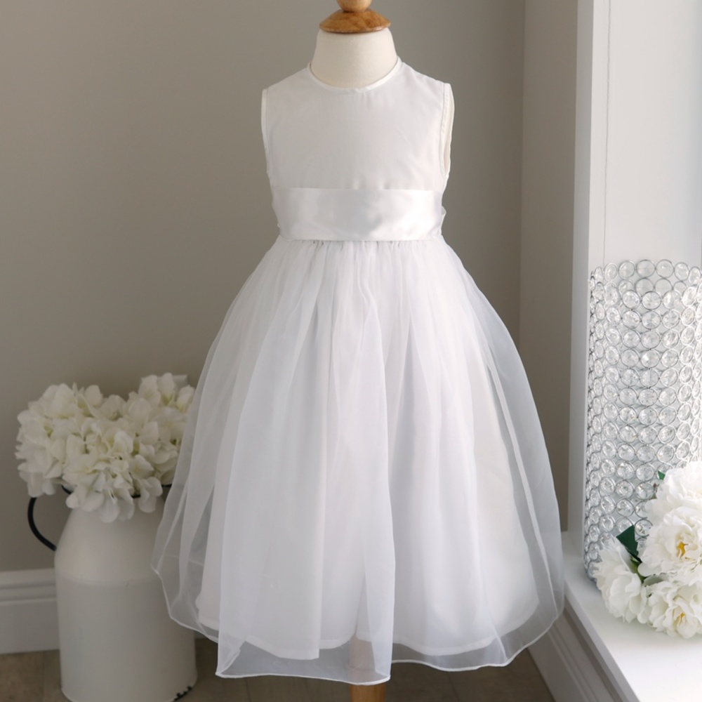 Strasburg White Organza Flower Girl Dress Satin Sash and Trim Special Occasion